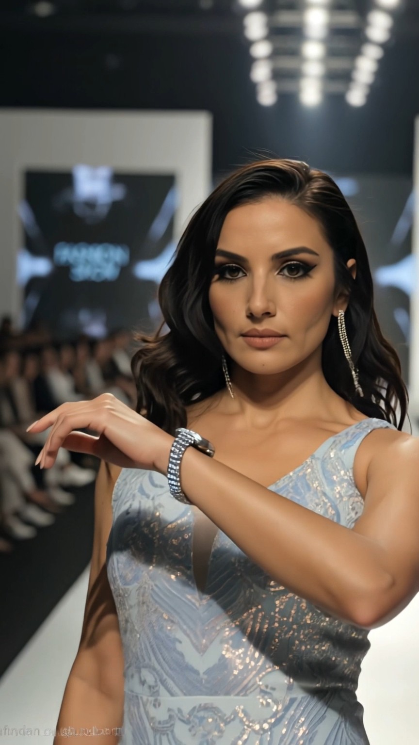 A woman wearing a silver dress and a wristwatch