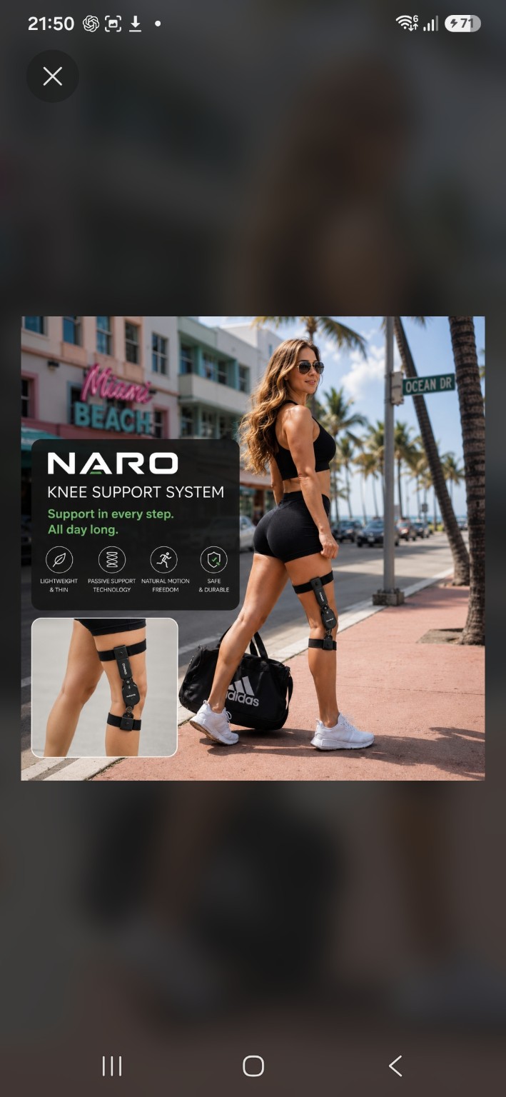 A NARO promotional image featuring a woman wearing a knee support near Miami Beach